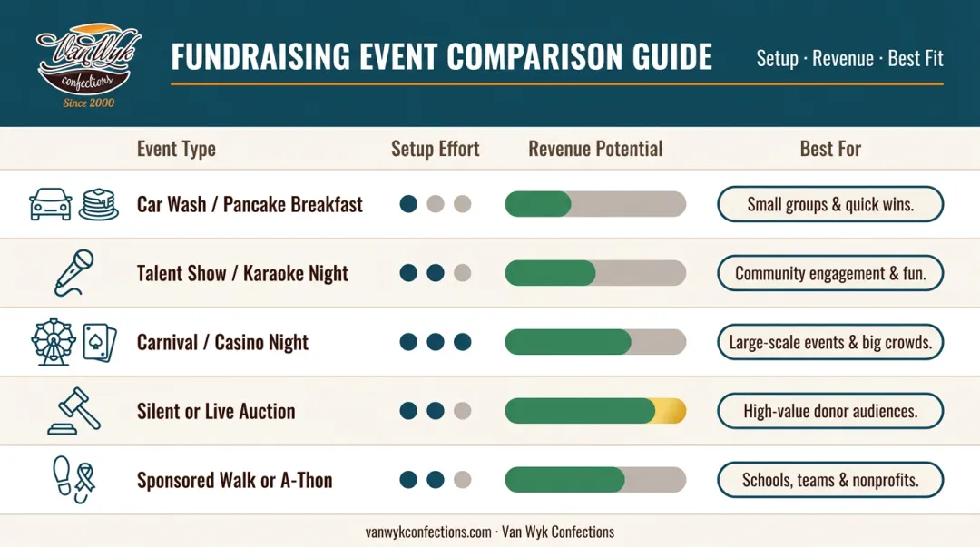 Cheerleading event fundraiser comparison chart showing setup effort and revenue potential