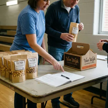 Fundraising team organizing popcorn order forms