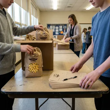Students organizing popcorn fundraiser orders