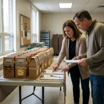 Volunteers organizing popcorn fundraiser orders