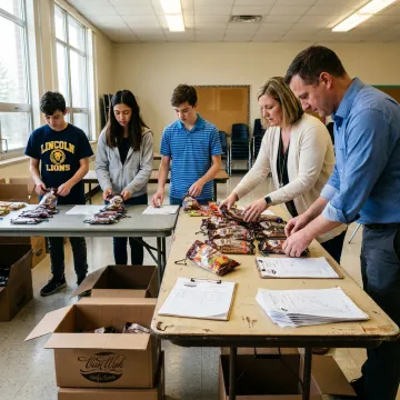 Students organizing candy fundraising boxes