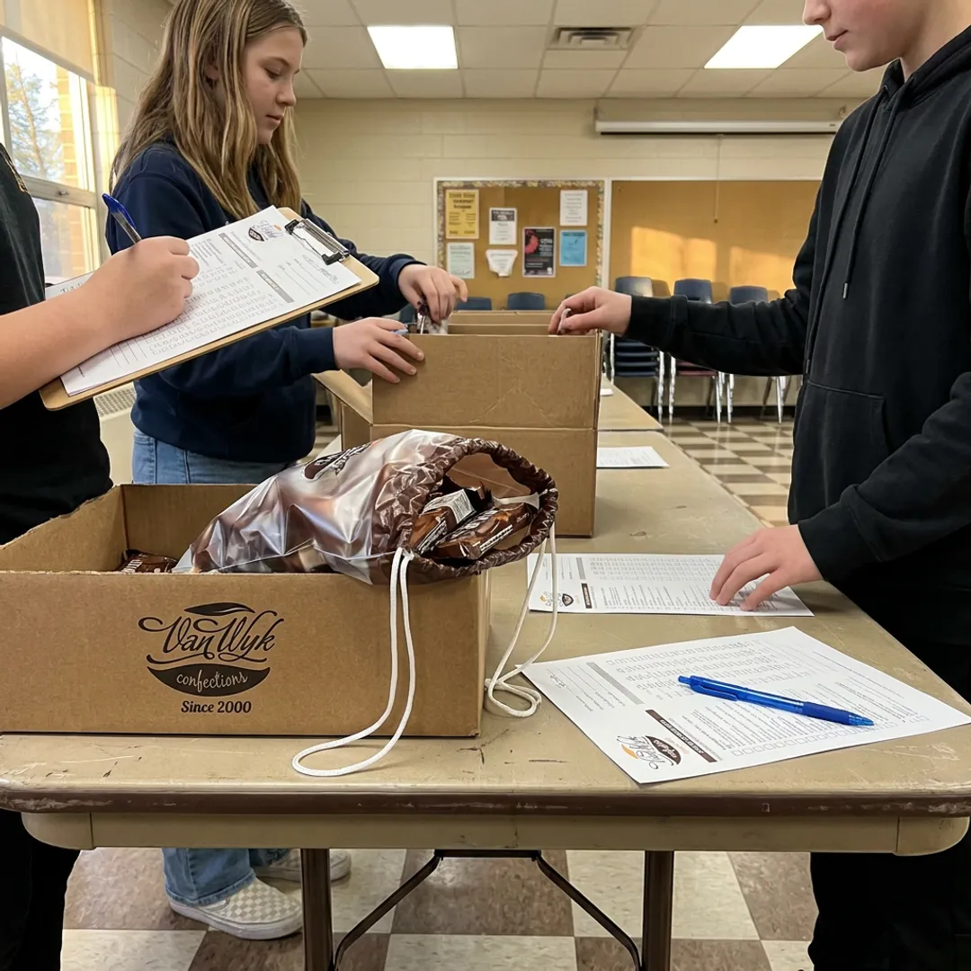 Students selling chocolate bars for a fundraiser