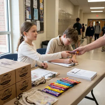 Students selling chocolate bars for a school fundraiser