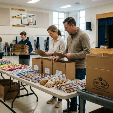 School volunteers organizing confection fundraiser orders