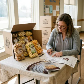Fundraising organizer reviewing popcorn sale materials