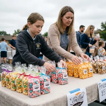 Volunteers selling gourmet popcorn for a school fundraiser