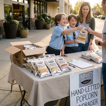 Cub Scouts selling popcorn at a community fundraiser