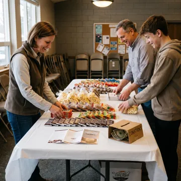 Nonprofit volunteers organizing fundraising snacks