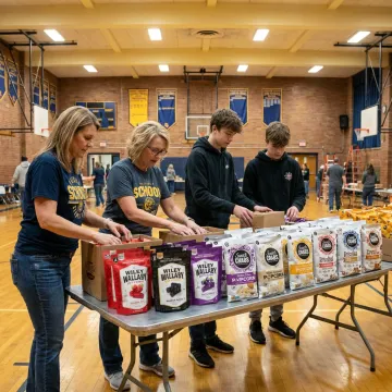 Volunteers organizing candy products for a spirit night fundraiser