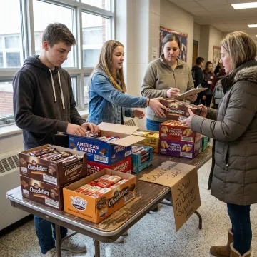 Students selling chocolate bars for a fundraiser