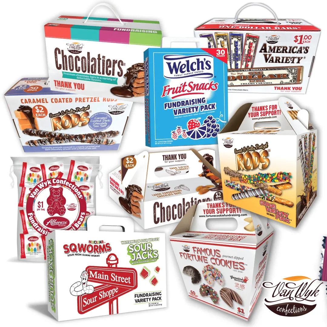 Van Wyk Confections Fundraising Candy Products (Chocolate Bars, Pretzels, Popcorn, Gummy & Fruit Snacks, Licorice)