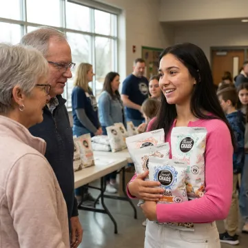 Fundraising volunteer holding gourmet popcorn products