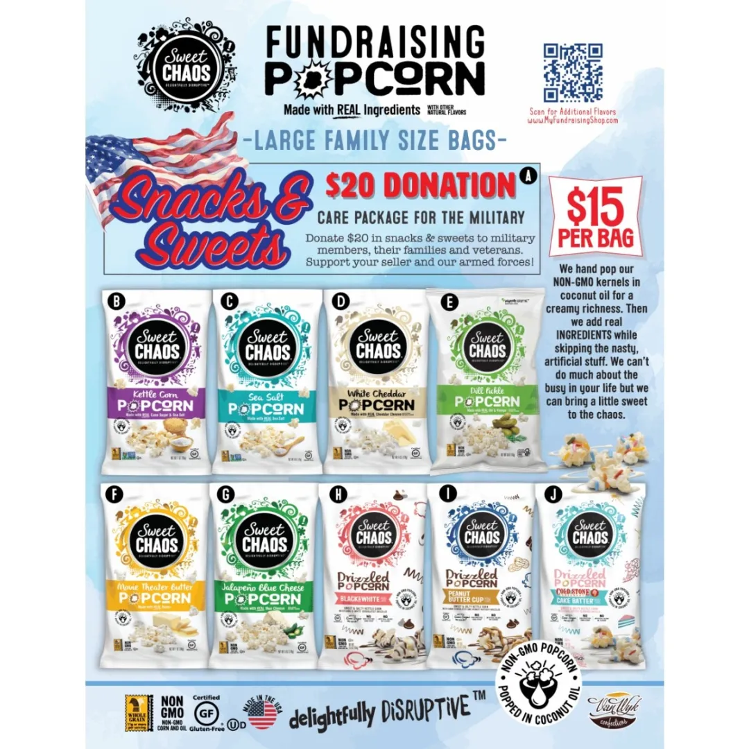 Fundraising volunteer holding gourmet popcorn products