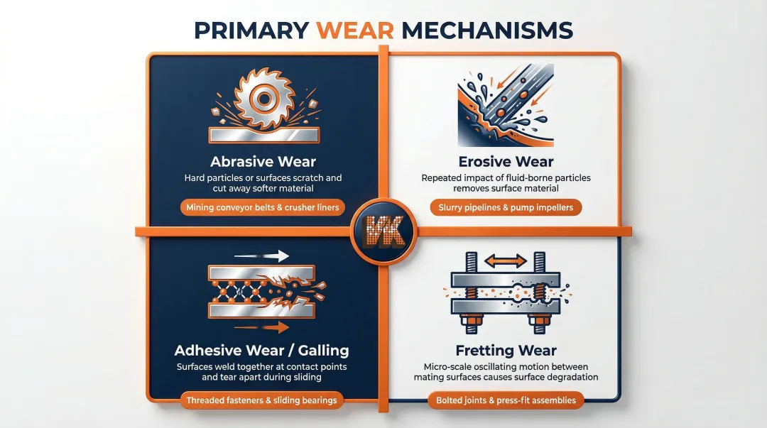 Four primary wear mechanisms abrasion erosion adhesive and fretting explained