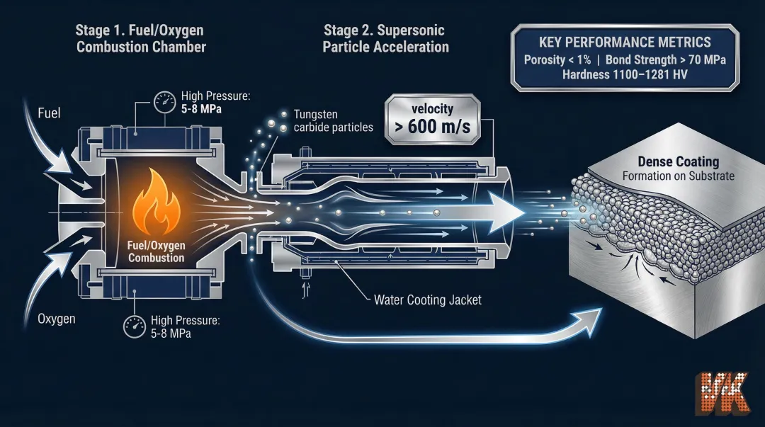 HVOF thermal spray coating process diagram showing supersonic particle deposition