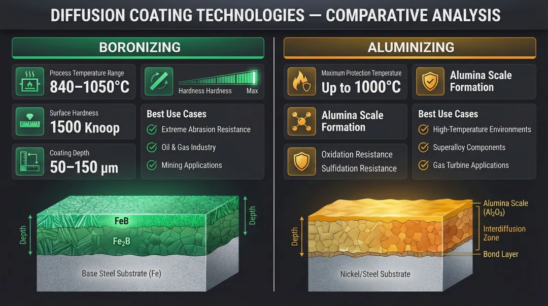 Boronizing versus aluminizing diffusion coating comparison hardness and temperature performance