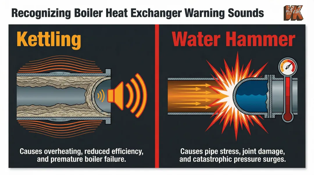 Heat exchanger boiler warning signs identification guide with kettling and water hammer indicators