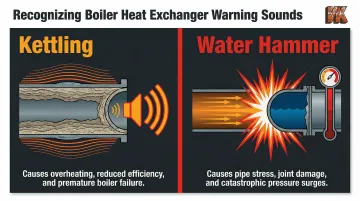 Heat exchanger boiler warning signs identification guide with kettling and water hammer indicators
