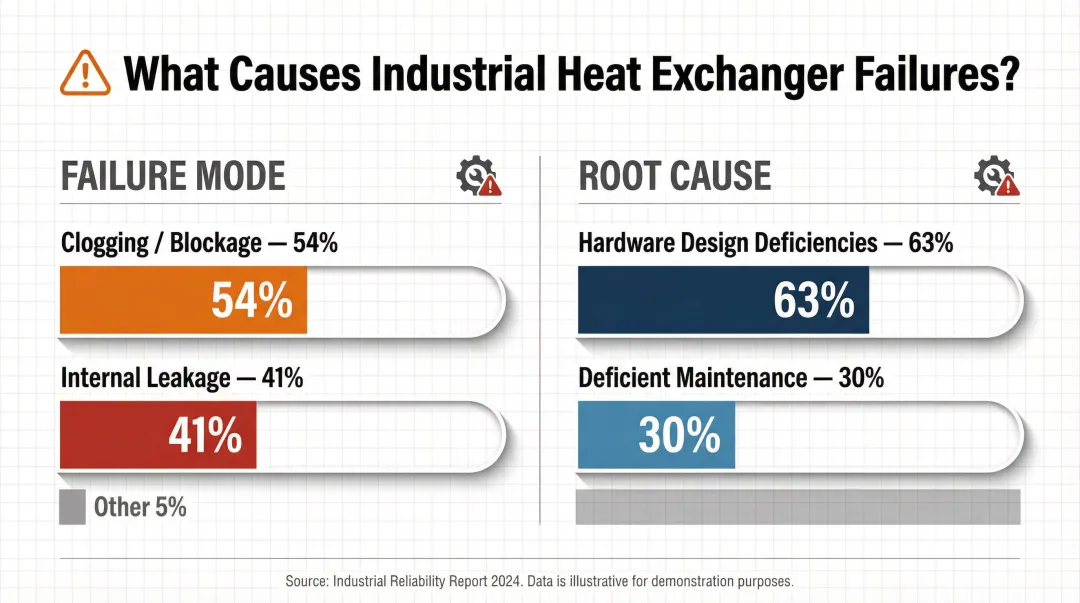 Heat exchanger boiler failure causes breakdown showing clogging leakage and design deficiency percentages