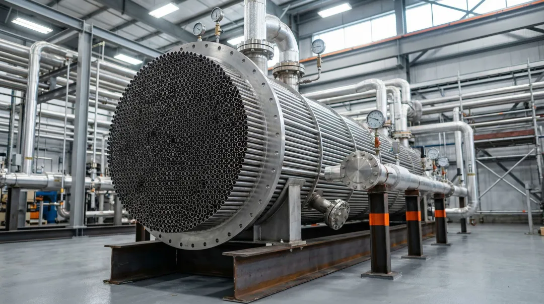 Industrial shell-and-tube heat exchanger installed in refinery processing facility