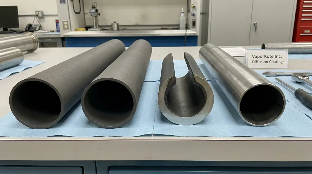 Diffusion-coated industrial heat exchanger tubes showing boronized and aluminized surface treatment