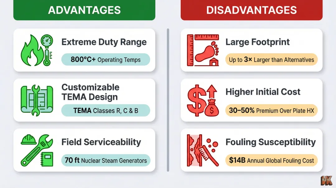 Tubular heat exchanger advantages versus disadvantages side-by-side comparison infographic