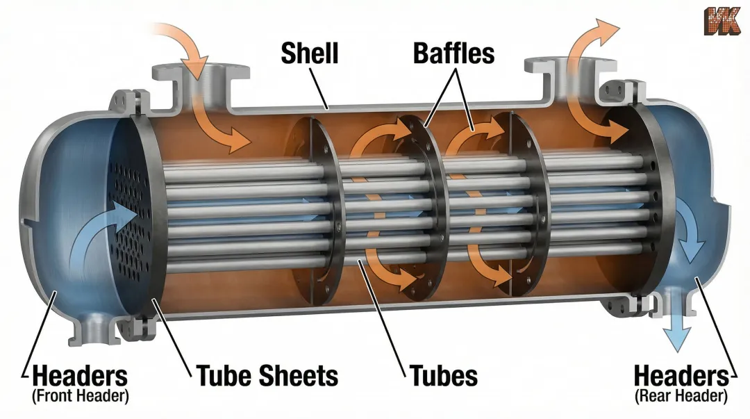 Tubular heat exchanger anatomy diagram showing five key internal components