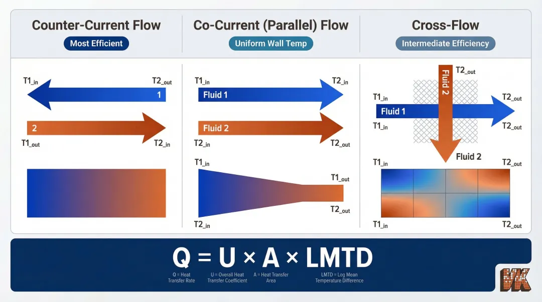 Three heat exchanger flow configurations counter-current co-current and cross-flow compared