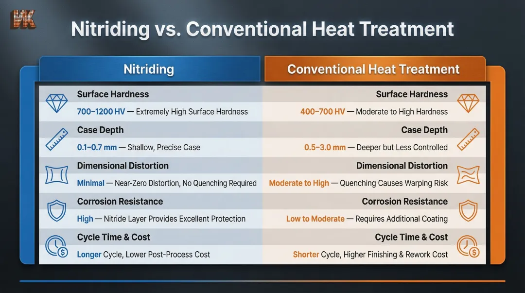 Nitriding versus conventional heat treatment five-criteria comparison infographic