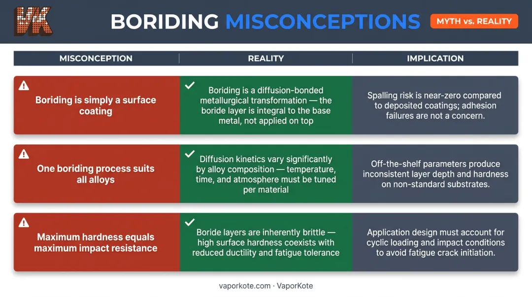 Boriding misconceptions versus reality three-row comparison table infographic