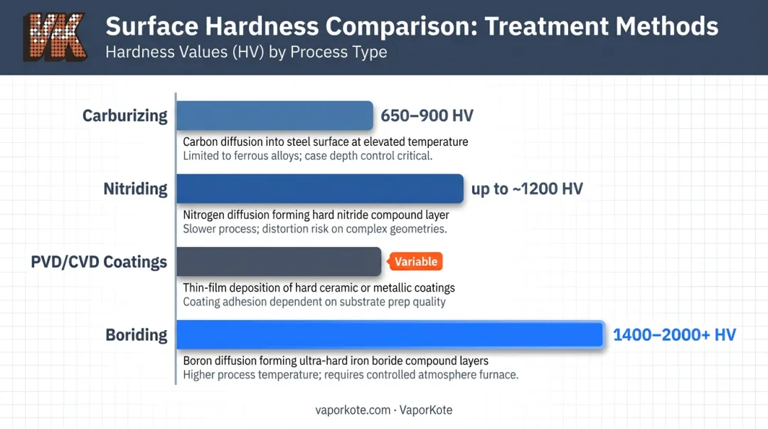 Surface treatment hardness comparison chart boriding versus carburizing nitriding PVD CVD