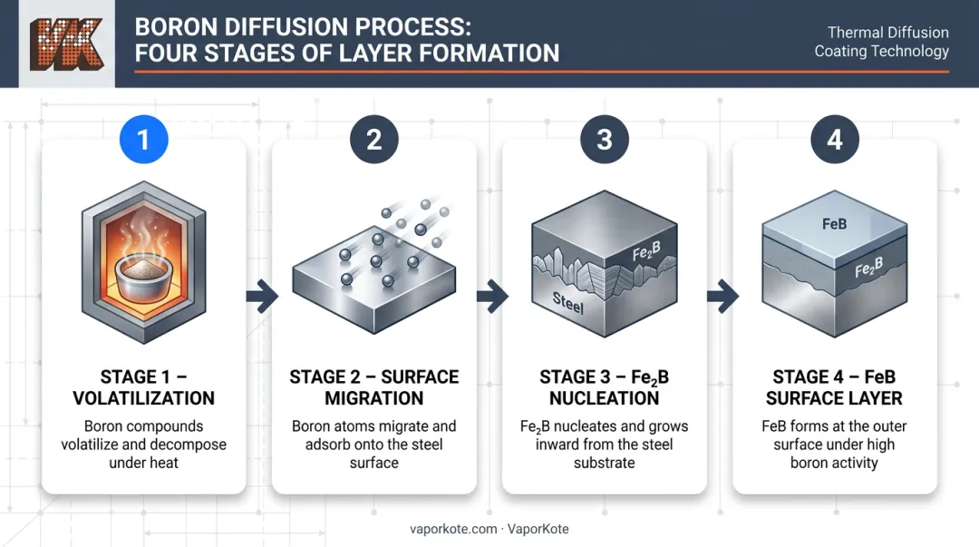Four-stage boriding diffusion process flow from boron release to FeB layer formation