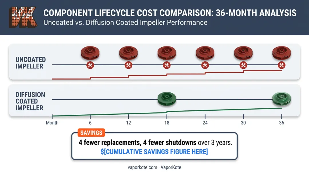 Pump impeller replacement cost savings timeline comparing uncoated versus diffusion coated service intervals