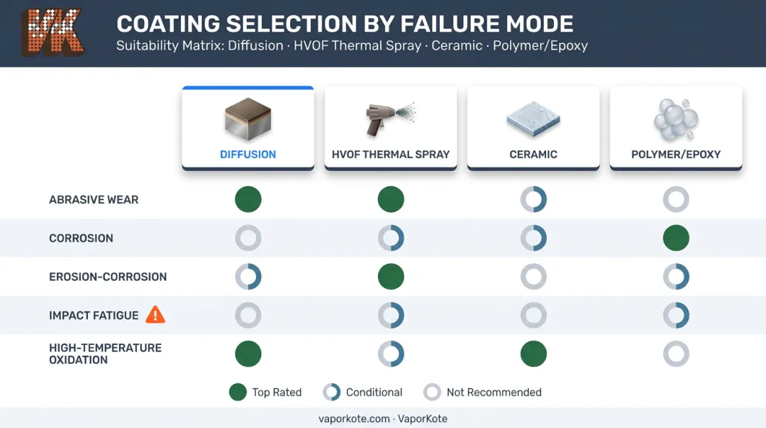 Mining coating selection comparison table failure modes versus recommended coating categories
