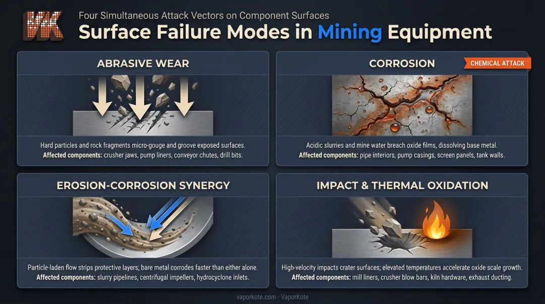 Four mining equipment failure modes abrasion corrosion erosion-corrosion impact thermal