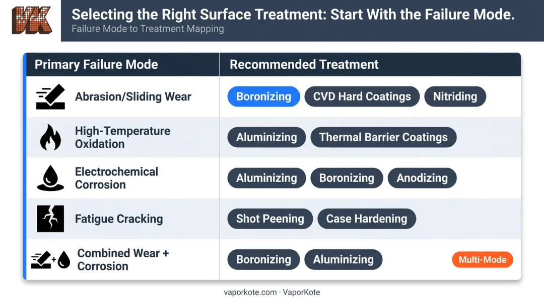 Surface treatment selection framework by failure mode and recommended process infographic