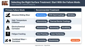 Surface treatment selection framework by failure mode and recommended process infographic