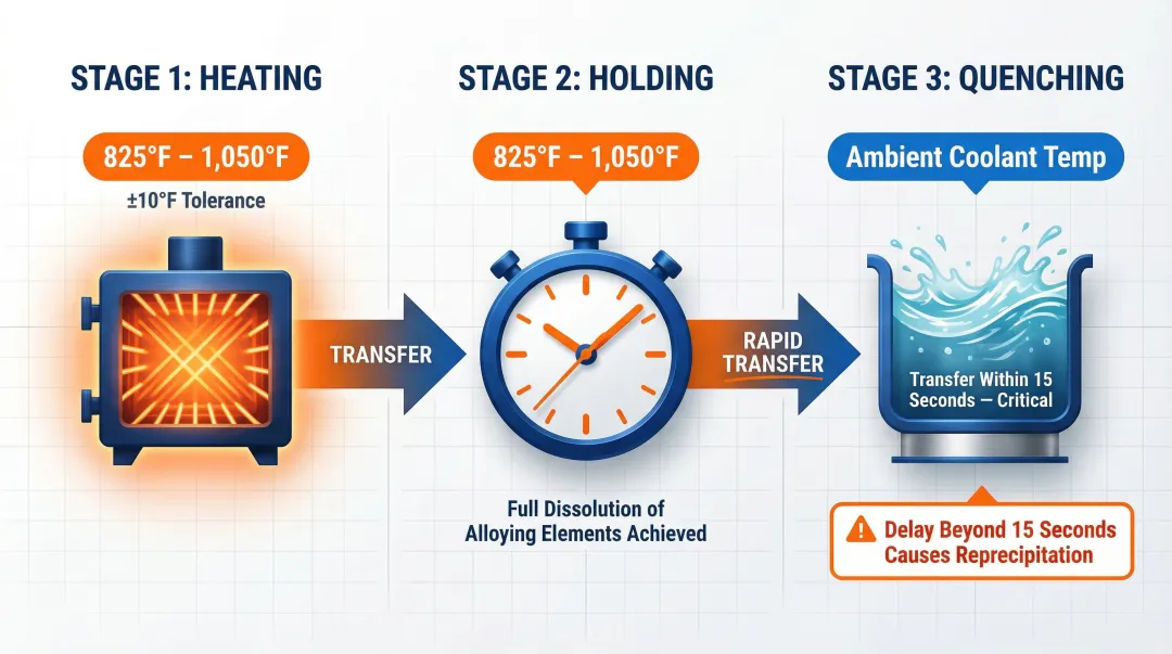 Solution heat treatment process steps heating holding quenching timeline infographic