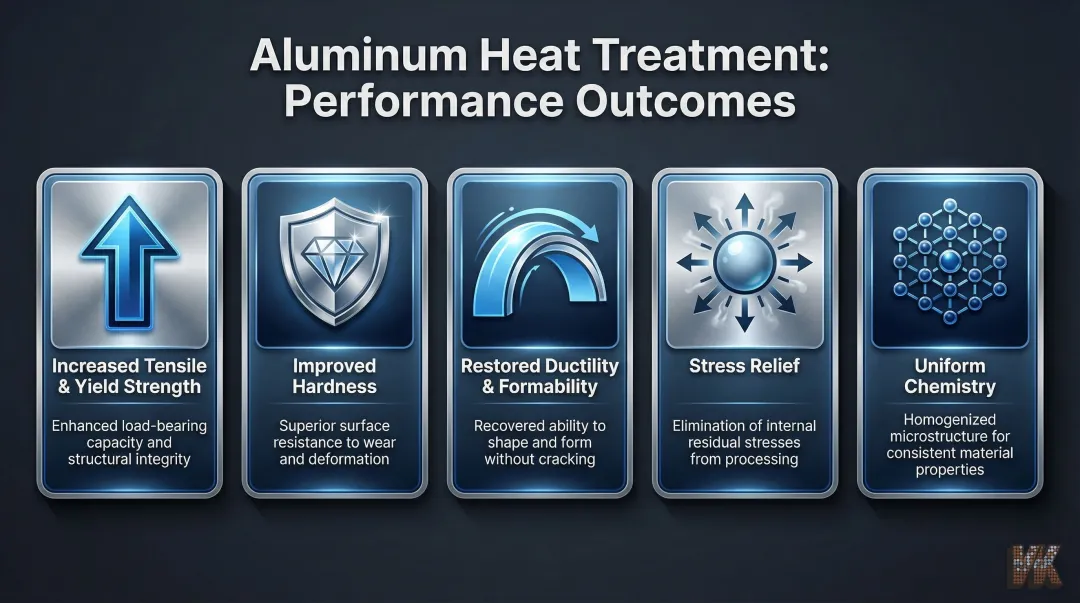 Five key performance outcomes of aluminum heat treatment process infographic