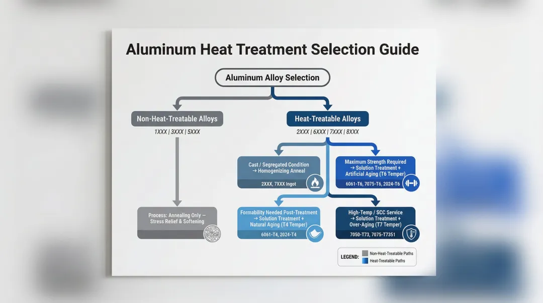 Aluminum heat treatment selection decision guide by alloy series and target property