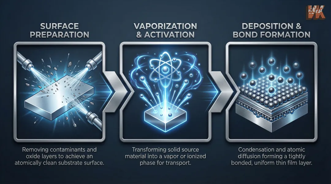 Three-stage thin film deposition process from surface preparation to bond formation