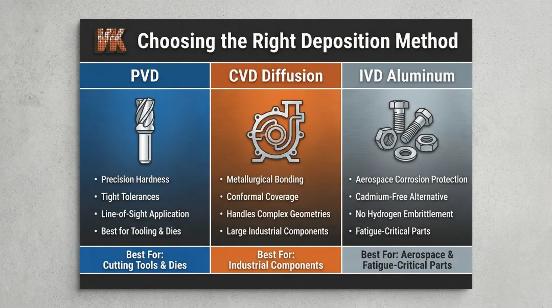 PVD versus CVD diffusion versus IVD aluminum deposition method selection comparison chart