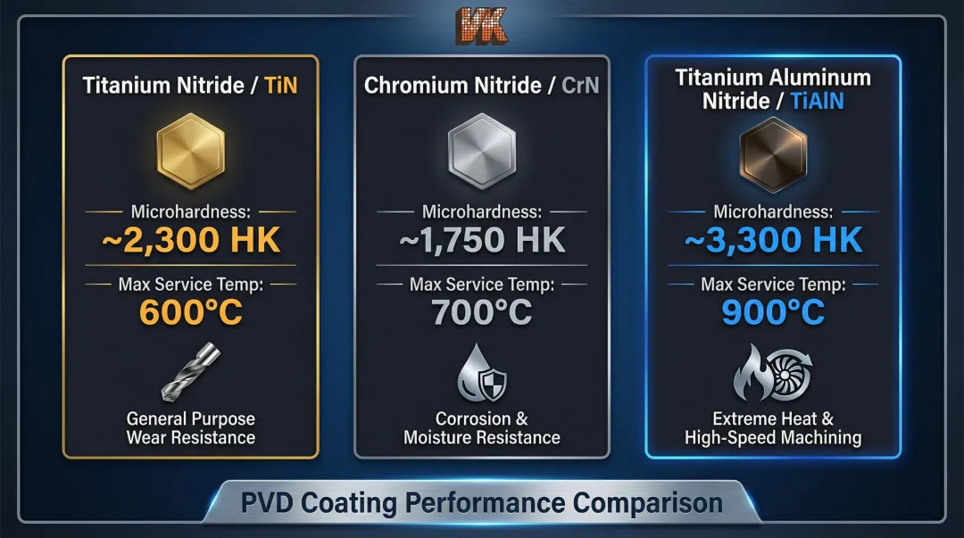 PVD coating materials comparison chart showing hardness temperature and primary benefits