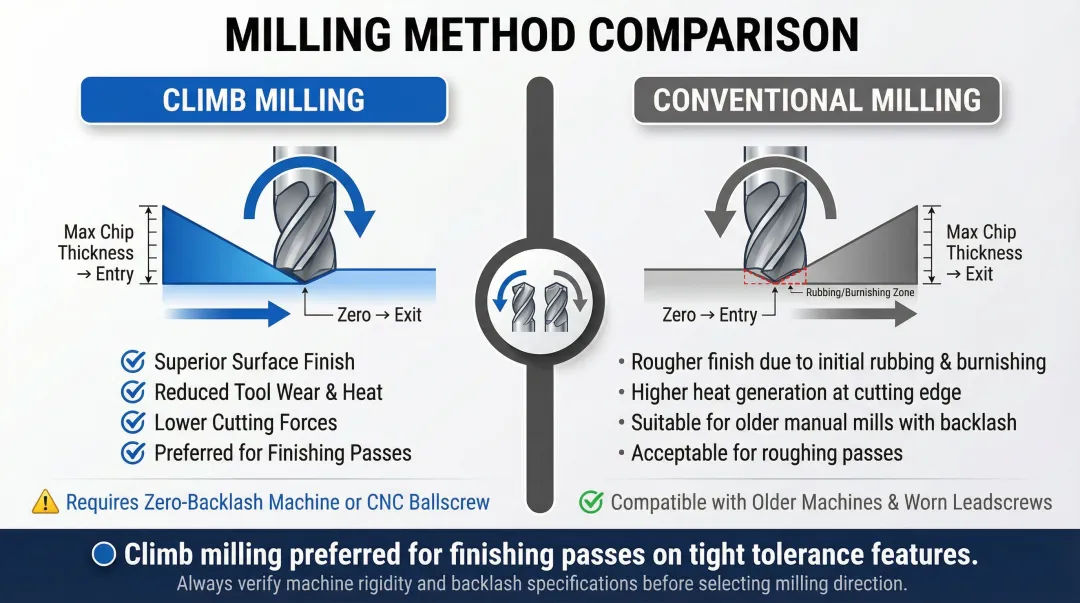 Climb milling versus conventional milling chip formation and accuracy comparison infographic