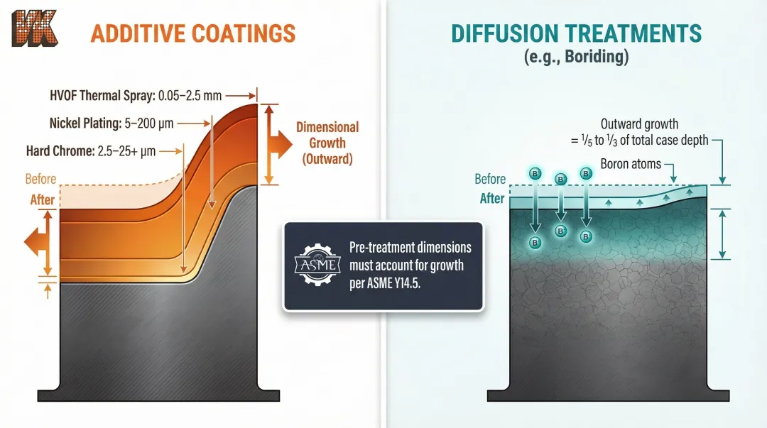 Post-processing dimensional growth comparison additive coatings versus diffusion treatments infographic