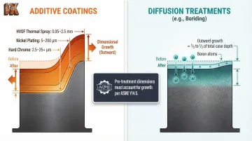Post-processing dimensional growth comparison additive coatings versus diffusion treatments infographic