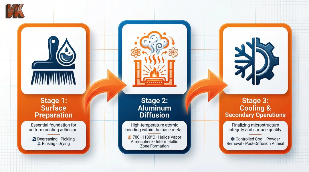 Three-stage aluminizing process flow from surface preparation to final treatment
