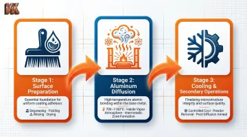 Three-stage aluminizing process flow from surface preparation to final treatment