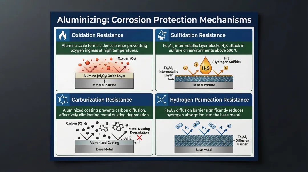 Four corrosion resistance mechanisms provided by aluminizing treatment comparison infographic