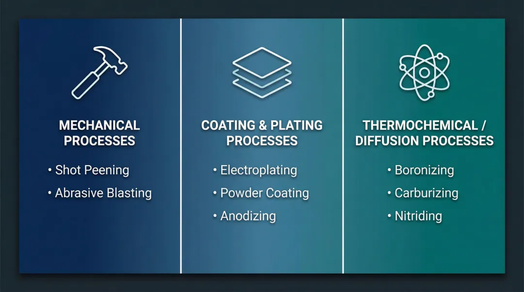 Three categories of metal surface finishing processes with examples and icons